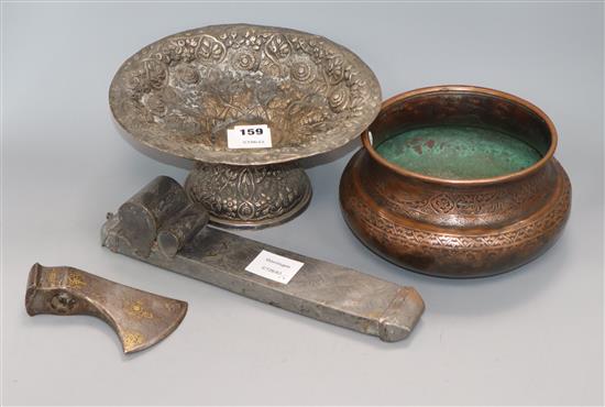 Two bowls, a box and an axe head